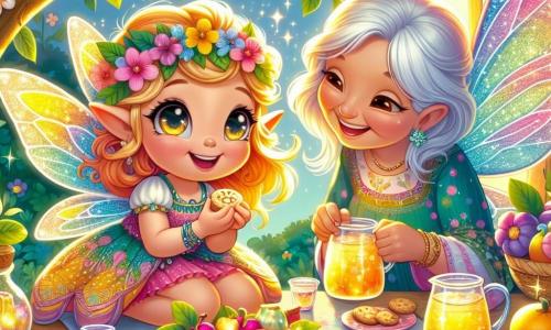 Lila, una pequeña duendecilla con alas brillantes y una sonrisa radiante, está sentada en una mesa hecha de pétalos de flores, con los ojos llenos de alegría y emoción. Lleva un vestido colorido adornado con motivos florales y sostiene una pequeña galleta en sus manos, lista para compartir. A su lado, su abuela, una duendecilla de alas plateadas, sonríe tiernamente, con los ojos llenos de dulzura, mientras sirve limonada burbujeante en pequeños vasos. El lugar es una encantadora casita situada en un árbol gigante, rodeada de hojas verdes exuberantes y flores brillantes, iluminada por la luz dorada del atardecer. La escena muestra a Lila y su familia compartiendo un iftar mágico, con platos coloridos de frutas y dulces que flotan alegremente a su alrededor, creando una atmósfera de fiesta y felicidad.