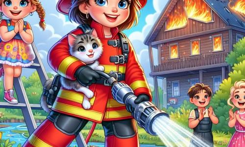 Eine Feuerwehrfrau, Lena, steht auf einer Leiter mit einem entschlossenen Lächeln im Gesicht. Sie trägt eine leuchtend rote Uniform, einen glänzenden Helm und schwarze Handschuhe und hält einen leistungsstarken Feuerwehrschlauch. Zu ihren Füßen schaut ein 8-jähriger Junge, Max, mit bewundernden, weit aufgerissenen Augen auf sie, während er ein kleines graues Kätzchen in seinen Armen hält. Neben ihm applaudiert ein 7-jähriges Mädchen, Mia, mit blonden Zöpfen und einem bunten Kleid, freudig und mit rosigen Wangen vor Aufregung. Die Szene spielt sich vor einer alten Holz-Mühle ab, deren Dach in Flammen steht, umgeben von üppigem Grün. Der Himmel ist blau mit einigen weißen Wolken, und orange-rote Flammen tanzen in der Luft, während ein großer Wasserstrahl die Umgebung bespritzt und einen schimmernden Regenbogen erzeugt. Lena, konzentriert und mutig, nutzt den Schlauch, um das Feuer zu löschen, während Max und Mia sie enthusiastisch und mutig anfeuern.