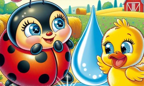 Eine kleine Marienkäfer namens Lilli, mit einem leuchtend roten Körper, der mit kleinen schwarzen Punkten übersät ist, lächelt fröhlich, während sie über einem großen, funkelnden Wassertropfen fliegt. Ihre neugierigen Augen zeigen ihre Aufregung. Neben ihr watschelt ein lustiger gelber Entchen namens Quaki, mit einem orangefarbenen Schnabel und flauschigen Federn, lachend und mit leicht gespreizten Flügeln, als ob sie bereit wäre zu fliegen. Die Szene spielt auf einem charmanten kleinen Bauernhof, umgeben von bunten Blumen und großen Heuballen, unter einem strahlend blauen und sonnigen Himmel. Im Hintergrund sieht man eine rote Scheune und grüne Felder, die bis zum Horizont reichen. Lilli und Quaki haben Spaß zusammen um den glänzenden Wassertropfen, lachen und spielen und entdecken, dass der wahre Schatz ihres Abenteuers die Freundschaft und die Freude am Zusammensein ist.