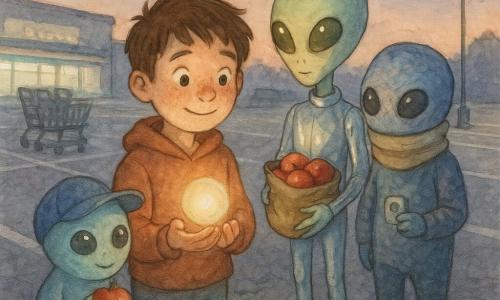 A shy, attentive 10-year-old boy with a round freckled face and messy brown hair gazes in wonder, holding a small glowing orb in his palm and smiling gently in a protective stance; to his right stands Orri, a slim alien in a shiny silver suit with large olive eyes holding a bag of red apples; behind Orri is Pip, stockier, with a high scarf hiding his mouth and iridescent skin, looking at the sky while holding a strip of tech adhesive; to the boy's left is Bloop, small and round in an oversized human cap with curious eyes and chubby hands clutching an apple. They are in a supermarket parking lot at dusk—cracked asphalt, white parking lines, stacked carts, cold neon and a few lit lampposts. A glowing green circular door floats just above the asphalt in front of them, casting soft iridescent light on their faces. Main situation: the boy guides the three small aliens in improvised human clothes toward the green door so they can slip away quietly; the scene is calm and tender with low tension and few passersby.