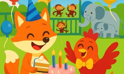 Um pequeno raposinho, com pelagem laranja brilhante e olhos cintilantes de alegria, usa um chapéu azul e sorri amplamente enquanto segura um pedaço de bolo de aniversário. Ao lado dele, um galinho divertido com penas vermelhas e uma grande gravata borboleta dança alegremente, seus olhos brilhando de felicidade. Ao fundo, um zoológico colorido com recintos cheios de macacos travessos e elefantes majestosos, sob um céu azul radiante. A cena mostra Raposinho e o galinho celebrando um aniversário cercados de balões coloridos e risadas, com um grande bolo decorado com velas cintilantes em uma mesa.