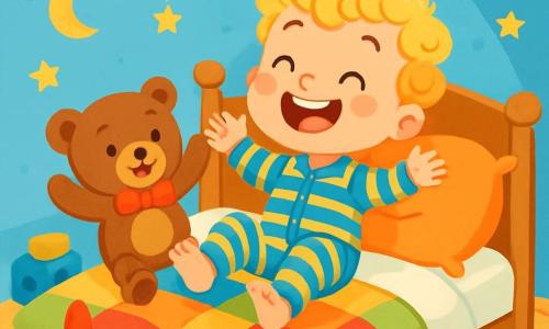 A 2-year-old boy with curly blonde hair and sparkling mischievous eyes is lying on a bed with colorful sheets, laughing heartily. He is wearing a blue and yellow striped pajamas, and his face expresses contagious joy. Next to him, his teddy bear, a brown stuffed bear with a red bow, looks equally amused, arms raised as if dancing. The room is filled with colorful toys, with sky-blue walls and shining golden stars. Above the bed, a mobile shaped like clouds and moons gently spins. The scene depicts the little boy enjoying himself on his bouncy bed, creating a joyful and playful atmosphere, perfect for a funny bedtime story.