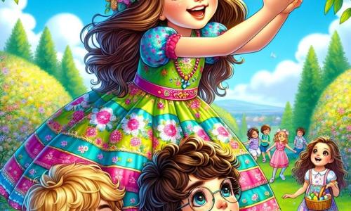 A 12-year-old girl, Emma, with long brown hair and sparkling eyes, stands at the top of a human pyramid formed by her friends. She wears a colorful dress with flower patterns and an Easter hat adorned with bunnies. Her face radiates excitement as she reaches out to grab a golden egg hidden in a bush. Next to her, Jake, an 11-year-old boy with messy blond hair and a striped t-shirt, looks on with admiration, ready to help her reach the egg. Below, Mia, a 12-year-old girl with curly hair and round glasses, smiles while holding a basket full of colorful eggs, encouraging her friends from the ground. The scene takes place in a lush park filled with vibrant flowers and majestic trees under a clear blue sky dotted with fluffy white clouds. Children play and laugh around them, adding to the festive atmosphere. The main focus shows Emma, full of determination and joy, about to grasp the precious golden egg, while her friends cheer her on, creating a moment of unity and adventure in their Easter egg hunt.