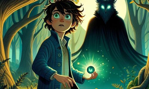 A 9-year-old boy named Oliver stands at the center of the scene, his expressive face reflecting curiosity and courage. He has messy brown hair, sparkling eyes filled with determination, and wears a worn blue sweater and beige pants. In his hands, he holds a magical orb, the Eye of Eldoria, which emits a bright green glow, illuminating his face. Beside him is Seraph, a mysterious creature that is part human, part animal, with eyes glowing like embers and a long black cloak that seems to float around him. Seraph watches Oliver kindly, ready to guide him through his trial. The scene takes place in an enchanted clearing in the heart of Whispering Pines forest, where majestic trees with gnarled trunks form a protective circle. Moonlight filters through the leaves, creating dancing shadows on the ground covered in golden leaves. Oliver prepares to confront the shadows surrounding him, raising the magical orb above his head as dark silhouettes emerge around him, ready to challenge him. The atmosphere is both mysterious and captivating, filled with tension and magic.