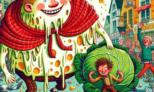 In the center of the image, Stanley Bumblethorpe, a twelve-year-old boy, stands with a mischievous smile on his face. He wears a red cape resembling an old checkered tablecloth, and his arms have transformed into huge wobbly jellies, ready to catch objects. His messy light brown hair and excited, determined eyes add to his charm. Next to him, Captain Cabbage, also twelve, with messy green hair, is throwing cabbages into the air with a focused look. He wears a costume made of cabbage leaves, his face displaying a comically serious expression. In the background, a group of pigeons flies around a giant cheese wheel rolling down the main street of Bumbledom. People are running in all directions, some laughing, others shouting, as pieces of cheese and cabbages scatter on the ground. The scene captures the joyful chaos of a cheese festival where Stanley and his friends are trying to stop the enormous cheese wheel threatening to crush everything. The bright colors and exaggerated expressions of the characters add a humorous touch to this comical situation.