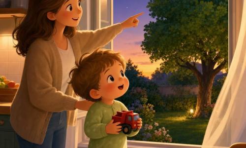 A happy, curious 2-year-old boy with round bright eyes, chubby cheeks and tousled light-brown hair in pistachio-green pajamas clutching a small red plastic truck to his chest; a smiling, gentle mother with loose brown hair stands by an open window, one hand on the frame and the other pointing toward a quiet garden with a large green-leaved tree and lawn, sheer curtains fluttering, evening light in orange and purple with early stars appearing, a slightly open snack bag on the kitchen table with a crumpled paper peeking out; the boy watches the garden in wonder—tender, calm, protective mood with soft textures and warm color contrasts.