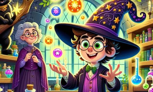 Zigoberto, um jovem feiticeiro com cabelos desgrenhados e um sorriso no rosto, usa um grande chapéu torcido decorado com estrelas cintilantes. Ele está malabarizando poções coloridas que borbulham de magia, com os olhos brilhando de excitação e determinação. Ao seu lado, a professora Mirabela, uma mulher de cerca de 50 anos, com óculos redondos e um vestido de veludo roxo, observa com um sorriso gentil, segurando um livro de feitiços aberto. Ao fundo, o gato mágico, Senhor Bigodes, um grande gato preto com olhos dourados, se estica sobre uma pilha de livros, parecendo divertido com as acrobacias de Zigoberto. A cena acontece na sala de aula da Floresta Viva, com paredes de madeira tortuosa, janelas em forma de folhas e plantas trepadeiras que parecem sussurrar segredos. Estantes transbordam de poções luminosas e objetos mágicos. Zigoberto, concentrado e alegre, está prestes a lançar seu maior feitiço para impressionar a todos, enquanto risadas ecoam ao seu redor.