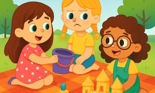 Hay 3 personajes: - Lía: una niña de 6 años, con largos cabellos castaños y ojos brillantes. Lleva un vestido rosa con lunares blancos y sostiene un balde de arena. - Marta: una niña de 6 años, con trenzas rubias y ojos azules. Viste una camiseta amarilla y un short azul, y mira a Lía con un ligero ceño fruncido. - Ana: una niña de 6 años, con cabello rizado castaño y gafas. Lleva un overol verde y está construyendo un castillo de arena con conchas. Las tres niñas están sentadas sobre una gran manta de picnic, rodeadas de juguetes coloridos, en un parque soleado. El cielo es azul con algunas nubes blancas, y árboles verdes bordean el parque. La situación principal muestra a Lía tomando el balde de Marta sin pedirlo, mientras Ana, sonriendo, las anima a compartir. Las niñas están rodeadas de arena dorada, y un hermoso castillo de arena se alza detrás de ellas, con torres y una puerta decorada con conchas.