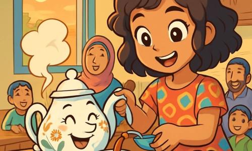 Fariha, een porseleinen theepot met delicate bloemmotieven, staat op een rustieke houten tafel. Ze heeft een blije en warme uitstraling, met stoom die uit haar tuit komt, wat haar opwinding symboliseert. Naast haar staat Farah, een klein meisje met bruin, krullend haar, in een kleurrijke jurk, die met verwondering glimlacht, met stralende ogen van geluk. Ze giet thee uit de theepot in een kopje, vol ongeduld om het moment te delen. De keuken is licht, met pastelgele muren en open ramen die het gouden licht van de ondergang binnenlaten. Geuren van munt en dadels zweven in de lucht, wat een warme en gastvrije sfeer creëert. De belangrijkste situatie toont Fariha en Farah, omringd door hun familie, verzameld rond de tafel, klaar om het vasten van de Ramadan te breken, terwijl ze lachen en verhalen delen, wat een magisch en gezellig moment creëert.