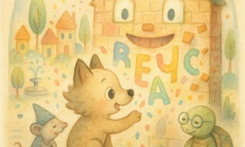 Un piccolo lupo (protagonista) dal pelo morbido come pane, coda a nuvola, occhi tondi e vivaci, accucciato a leggere parole dipinte su un muro colorato mentre tende una zampa per prendere un coriandolo che cade, una piccola topolina col cappello a cono, pelliccia grigia e sorriso timido, sussurra appoggiata a una pietra a sinistra, inclinata verso il muro per ascoltare, una tartaruga con occhiali tondi e guscio decorato di stelline dormicchia a destra vicino al suolo con le zampe raccolte, il muro della piazza è una grande facciata di mattoni pastello con lettere dipinte, occhi di piastrelle brillanti e una bocca di tegole sorridente da cui alcune piastrelle saltellano come popcorn, il villaggio è sotto una grande campana di vetro trasparente con case tonde e colorate, alberi a spazzola, una fontana che soffia bolle e selciato dipinto con motivi allegri, una pioggia lenta di coriandoli cade sotto la campana mentre tutti leggono tranquillamente le frasi del muro in un’atmosfera calma, tenera e giocosa come una lenta danza.
