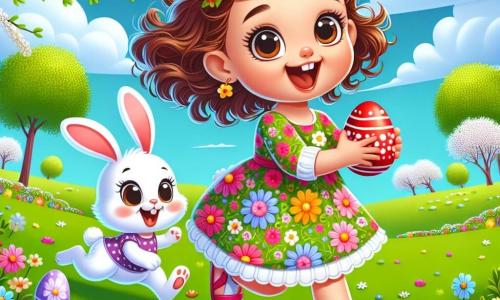 Una bambina di 2 anni, di nome Lilla, con grandi occhi brillanti e capelli ricci castani, ride gioiosamente mentre corre in un campo verde. Indossa un vestito colorato con motivi floreali e sandali rosa. Accanto a lei, un coniglietto dalle grandi orecchie e pelo bianco salta entusiasta, condividendo la sua felicità mentre cerca uova di Pasqua. Il luogo è un magnifico campo primaverile, punteggiato di fiori multicolori, con un cielo blu chiaro e alcune nuvole soffici. Gli alberi in fiore circondano il campo, aggiungendo un tocco di magia all'ambiente. La scena principale mostra Lilla e il coniglietto intenti a cercare le uova, inseguendo un uovo rosso che rotola allegramente su una collina, mentre uova colorate sono sparse attorno a loro, creando un'atmosfera vivace e gioiosa.