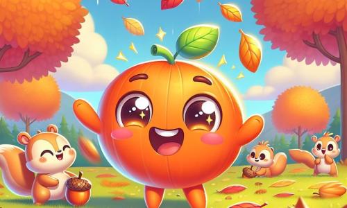 Un pequeño personaje redondo y sonriente, de color naranja brillante, con ojos chispeantes y un pequeño tallo verde, se encuentra alegremente en medio de un campo de otoño, rodeado de hojas coloridas que caen suavemente. Parece emocionado y curioso, levantando los brazos al aire como si quisiera atrapar las hojas. Cerca, un grupo de pequeñas ardillas de ojos traviesos y pelaje marrón claro se afanan en recoger bellotas, moviendo sus pequeñas patas ágiles con entusiasmo. Están juguetonas y ríen juntas, creando una atmósfera de camaradería. El decorado es un campo vibrante de colores otoñales, con árboles de hojas doradas, rojas y naranjas, y un cielo azul claro salpicado de nubes blancas esponjosas. El suelo está cubierto de hojas crujientes, añadiendo una textura cálida a la escena. La situación principal muestra al personaje principal, todo alegre, bailando y jugando con las hojas que caen, mientras las ardillas lo observan y lo animan a divertirse con ellas, capturando el espíritu alegre y festivo del otoño.