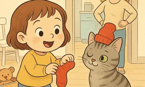 A playful 2-year-old girl with short brown hair and a delighted round face holds a small red sock and looks at a gray tabby cat with a sock on its paw like a hat, sitting on a small polka-dot rug near a white wooden chair in a light-wood floored kitchen-childroom; a smiling blonde woman in her 30s stands by the kitchen door with hands on hips in the background, a toy box with stuffed animals nearby; soft morning light, pastel colors, rounded contours, calm warm atmosphere as the girl offers the sock toward the mother while the cat blinks peacefully.