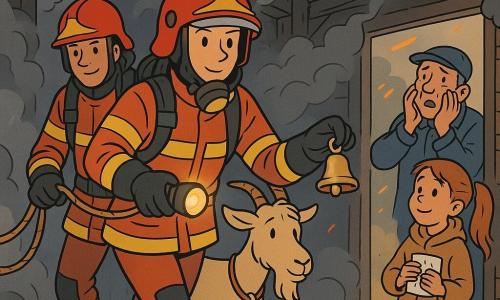 Een vrouwelijke brandweervrouw (volwassene) met geconcentreerd rustig gezicht en vastberaden ogen, rood-gele pak, helm met omhoog geklapte vizier en deels opzetbaar ademhalingsmasker; ze houdt in de ene hand een zaklamp en in de andere zacht een klein metalen belletje om dieren uit de rook te leiden. Een mannelijke brandweerman (Bram) met licht ondeugende maar serieuze trekken, helm en handschoenen, houdt een touwlijn en helpt een geit richting uitgang, net achter de vrouw klaar om zacht te trekken. Een boer (Kees, ~50) met gerimpeld gezicht en diepe werkpet staat buiten bij de ingang, handen aan zijn wangen, opgelucht en ontroerd kijkend naar de dieren die naar buiten komen. Een meisje (Lina, ~12) met lange paardenstaart en te grote jas staat op afstand bewonderend, een klein opgevouwen tekeningetje tegen haar borst. Een ramachtige geit (Kapitein) met licht haar en zichtbare horens staat voor de brandweervrouw aan de lijn, aarzelend maar aandachtig naar het belletje. Binnen in een brandende schuur: verkoolde houten wanden, grijze rooksluiers, gele lichtstralen door daksporen, donkere stro op de vloer, oranje vonken en glinsterend water op de grond. Scène: reddingsactie in de rokende schuur — de brandweervrouw leidt de geiten rustig met een bel en gebaren, de brandweerman helpt met het touw, boer en meisje kijken buiten; gespannen maar hoopvolle sfeer, warme kleuren (oranje, rood) gemengd met grijsblauwe rooktinten, duidelijke lijnen en leesbare gezichten voor een jong publiek.