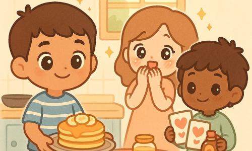 Três personagens: Tomás, menino de 10 anos, cabelos castanhos curtos, camiseta às riscas azul e branca, olhos grandes expressivos, segura num tabuleiro panquecas douradas com rodelas de banana, à esquerda; Dinis, menino de 10 anos, cabelos castanho-claros despenteados, sweat verde-claro, sorriso tímido, segura duas cartas feitas à mão com corações e uma lata de xarope, à direita; mãe de ~36 anos, cabelo ondulado médio, vestido pastel simples, mãos na boca em surpresa emocionada, ao centro-direita junto à mesa. Cozinha luminosa e acolhedora com bancada de madeira clara, armário azul pastel, janela aberta com luz dourada da manhã, pequena mesa redonda com toalha aos quadrados vermelhos e brancos, frigideira preta, pote de mel, migalhas e banana em rodelas. Situação: os dois meninos oferecem um pequeno-almoço improvisado e cartas à mãe; cena centrada, ternura, cores pastel e detalhes kawaii como olhos brilhantes em amêndoa e pequenas faíscas ao redor dos rostos.