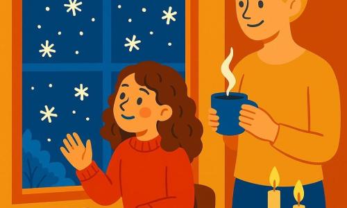 Een 10-jarig meisje, Sara, met kastanjebruin krullend haar en door de kou roze wangen, kijkt vol verwondering naar de papieren sneeuwvlokken die op haar raam zijn geplakt. Ze draagt een rode wollen trui en dikke sokken. Haar moeder, een 35-jarige vrouw met blond haar in een knot, glimlacht teder terwijl ze een dampende kop thee vasthoudt, staand naast Sara. De scène speelt zich af in een warme keuken, verlicht door het zachte schijnsel van kaarsen, met een houten tafel bedekt met gekleurd papier en scharen. Door het raam is een met rijp bedekte tuin te zien die schittert onder een sterrenhemel. De hoofdsituatie toont een moment van verbondenheid en creativiteit tussen Sara en haar moeder, in een zachte en vredige winterse sfeer.
