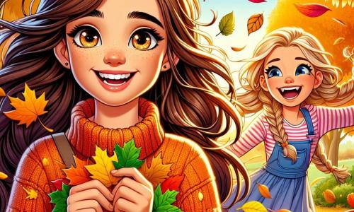 A 10-year-old girl named Lily, with long brown hair and sparkling eyes, is wearing a cozy orange sweater. She smiles in wonder, holding a beautiful golden leaf in her hands. Next to her, her best friend Mia, also 10, has blonde hair in braids and is joyfully laughing as she jumps into a pile of colorful leaves. The setting is a vibrant autumn park, with majestic trees displaying golden, red, and orange leaves, creating a colorful carpet on the ground. The sky is a clear blue, and the sun is gently shining, illuminating the scene. Lily and Mia are discovering beautiful leaves, surrounded by laughter and joy, while a light breeze makes the leaves dance around them, adding a touch of magic to their autumn adventure.