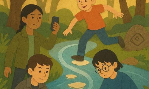 Four children crossing an enchanted river by luminous stepping-stones: Zara, 12, light brown skin, black braid, khaki jacket, standing left with phone raised, confident toward the river; Leo, 12, tousled light brown hair, orange T‑shirt, energetic, right-side, poised to leap on a stone with a mischievous smile; Hana, 11, short black hair, thin glasses, blue sweater, crouched at the water’s edge, hand reaching toward a small creature or floating stone, focused and gentle; Milo, 11, brown hair, gray jacket, center front holding a paper map with gold edges, looking at the map and river, hesitant but curious. Scene: clear silvery river, grassy fern-covered bank, mossy stones, gnarled trees with golden light through leaves, a large rock engraved with symbols, flat shiny stones hovering above the water like magical steps, a translucent speaking water arc and a newly emerged stone with a small carved symbol. Mood: gentle adventure with deep greens, warm gold, silver and orange accents; paper collage style with clean cutouts, visible paper textures, simplified shadows and glued outlines, composition centered on the crossing.