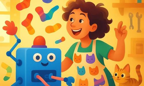 A joyful, mischievous woman inventor of about 45 with curly brown hair and a colorful cat-pattern apron laughs as she presses a large green button, hair slightly tousled; nearby Pickles, a small striped cat with round mischievous eyes, perches on a pile of laundry watching colorful socks fly. The Sock Sorter 3000 is a blue boxy machine with false eyes, four makeshift articulated arms (spatula, duster, toy robot, pink noodle), a red bell on top and visible rainbow magnets, spitting and launching socks into the air. The bright laundry-workshop has yellow walls, wooden shelves filled with tools and jars, piles of laundry and a window with a polka-dot curtain letting in warm light; the composition centers on the woman, the Sock Sorter and the cat as multicolored socks whirl around them in a playful, whimsical scene with vivid colors and soft textures.