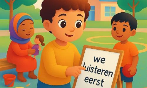 Een 4-jarige jongen, Luuk, donkerbruin krullend haar en grote hazelnootkleurige ogen, glimlachend maar geconcentreerd, reikt naar een klein witbord en schrijft de regel; hij draagt een mosterdgeel truitje en een blauwe short. Links van Luuk op een bankje zit een 5-jarig meisje met een kleurige hoofddoek, donkere huid en bedekt haar, ze draait zachtjes en toont een klein popje. Rechts van Luuk staat Amir, ongeveer 6, olijfkleurige huid en kort zwart haar, hij houdt een rode bal en lacht. Een blond 4-jarig meisje met een lichte huid zit vooraan in het gras en zingt met opgestoken armen. Schoolplein in de zon met gekleurde cirkels en lijnen op het asfalt, zandbak met schep en emmer, groene bomen en een klein pastelkleurig schoolgebouw op de achtergrond. Op het bord in grote ronde letters staat 