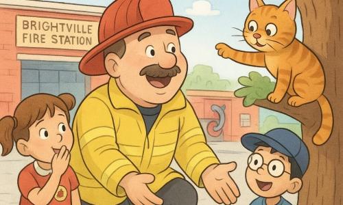 A warm smiling firefighter in his fifties with a short mustache and a red helmet set to the side, wearing a partially open yellow reflective jacket, crouches at the base of a large oak singing enthusiastically with outstretched hands toward a ginger mid‑haired cat named Mr. Whiskers perched on a low branch reaching a paw down; to his left stands Lily, about 7, brown pigtails, red dress with a 