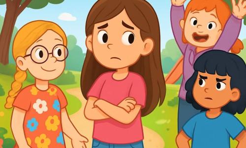 Există 4 copii: - Sara: o fată de 10 ani, cu păr lung castaniu și ochi strălucitori. Poartă un tricou roz și o pereche de pantaloni scurți din denim. Stă în centru, cu un aer puțin îngrijorat, cu brațele încrucișate. - Ana: o fată de 10 ani, cu păr blond împletit și ochelari rotunzi. Poartă o rochie colorată cu flori. Este în stânga lui Sara, zâmbindu-i încurajator. - Maria: o fată de 10 ani, cu păr negru creț și breton. Poartă un tricou albastru și o pereche de pantaloni verzi. Se află în dreapta lui Sara, cu mâinile pe șolduri, având o expresie serioasă. - Ioana: o fată de 10 ani, cu păr roșcat și pistrui. Poartă un hanorac violet și o pereche de colanți negri. Este în spatele lui Sara, cu brațele ridicate în semn de susținere. Locul este un parc însorit, cu copaci verzi și flori colorate de-a lungul unui drum de pietriș. La distanță se pot vedea un leagăn și un tobogan, în timp ce un cer albastru deschis se întinde deasupra lor, presărat cu câteva nori albi pufoși. Situația principală arată cum Sara, vizibil îngrijorată, vorbește cu prietenele ei despre dilema ei legată de minciună. Celelalte fete o ascultă cu atenție, pregătite să-i ofere sfaturi, în timp ce un vânt ușor mișcă frunzele copacilor din jurul lor.