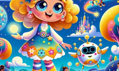 Clara, uma menina de 8 anos com cabelos cacheados e dourados, olhos curiosos e um sorriso maravilhado, está de pé segurando seu tablet mágico que brilha com uma luz suave. Ela usa um vestido colorido com padrões de estrelas e planetas, e suas botas são cintilantes. Ao seu lado, Robôzinho, um pequeno robô voador colorido, flutua alegremente, fazendo piruetas ao redor de Clara. O cenário é o Reino das Inovações Antigas, um mundo fantástico onde árvores falantes e rios que cantam melodias encantadoras existem. Clara e Robôzinho estão descobrindo uma faílle mágica perdida, cercados por crianças felizes que brincam com um jogo de tabuleiro flutuante. Clara está animada para usar seu tablet mágico para resolver um mistério, enquanto um pequeno dragão de bolso as observa, esperando ajuda para encontrar sua faílle.