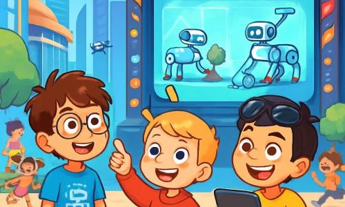 Există 3 personaje: - Edan: un băiat de 8 ani, cu părul castaniu în dezordine și ochelari rotunzi. Poartă un tricou albastru cu un robot imprimat și o pereche de pantaloni scurți verzi. Se află în stânga, cu ochii strălucind de entuziasm. - Petru: un băiat de 8 ani, cu părul blond și pielea deschisă. Poartă un hanorac roșu și o pereche de pantaloni negri. Este în centru, zâmbind și arătând spre cer, nerăbdător să vadă roboții. - Darius: un băiat de 8 ani, cu părul negru și ochelari de soare pe frunte. Poartă un tricou galben și blugi. Este în dreapta, ținând o tabletă și filmând scena cu un zâmbet larg. Acțiunea are loc în piața centrală a unui oraș futurist, înconjurată de clădiri cu fațade strălucitoare, grădini suspendate și copaci luminoși. Drone zboară deasupra, iar o scenă mare este amplasată în centru, decorată cu lumini colorate și bannere fluturânde. Ecranele holografice afișează imagini cu roboți-câini. Cei trei prieteni, uimiți, așteaptă cu nerăbdare demonstrația roboților-câini care vor planta copaci și vor colecta deșeuri, în timp ce copiii râd și aleargă în jurul lor, creând o atmosferă veselă și animată.