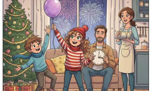A festive New Year’s Eve living room scene centered on a delighted 10-year-old girl with light brown curly hair and bright green eyes wearing a red pompom hat and striped sweater, proudly holding a purple glitter balloon while a laughing, tousle-haired 9-year-old boy in a bulky blue scarf jumps to catch it at her left; their smiling mother in a light apron brings sparkling drinks from the kitchen on the right and their bearded father in a casual jacket sits on the sofa behind them checking a clock or phone; warm, decorated room with gold garlands, multicolored balloons, a decorated Christmas tree at left, confetti on the floor and blurred fireworks outside the large window; festive, joyful countdown atmosphere, clear lines, vivid saturated colors, soft shading and exaggerated readable facial expressions, composition centered on the girl and the balloon.