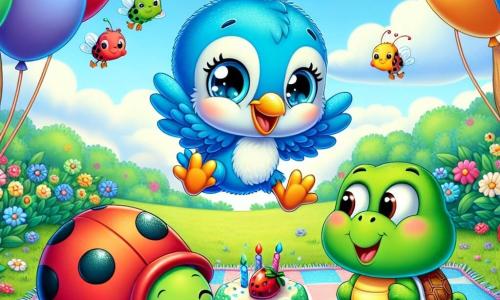 Benny, a little blue bird with bright feathers and sparkling eyes, is joyfully hopping at the center of a colorful picnic blanket, surrounded by floating multicolored balloons. To his right, Lucy, a red ladybug with shiny black spots, is happily flying in circles, her face beaming with excitement. To his left, Timmy, a green turtle with a shell adorned with colorful patterns, smiles while holding a piece of cake in his little paws, sitting quietly on the blanket. Freddy, a green frog with round mischievous eyes, is joyfully hopping near the blanket, ready to play, his wide smile showing his enthusiasm. The scene takes place in a sunny garden filled with vibrant flowers and large trees with lush green leaves, under a blue sky dotted with fluffy white clouds. In the background, a pond sparkles in the sunlight, adding a touch of magic to the setting. The main situation shows Benny and his friends celebrating his birthday, surrounded by colorful balloons, treats, and laughter, creating a festive and joyful atmosphere full of surprises and friendship.