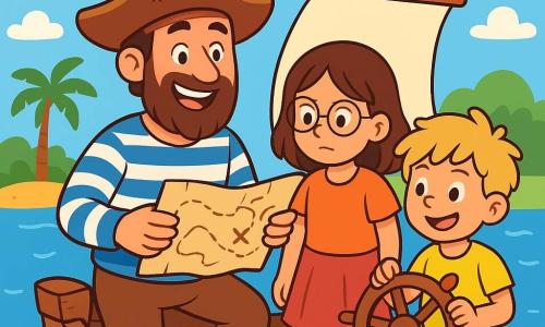 Captain Ben stands on the deck of his small pirate ship, wearing a warm smile and sparkling eyes. He has a worn pirate hat, a blue striped shirt, and canvas pants. His wooden leg is visible as he holds a treasure map. Next to him is a young girl named Mina, around 10 years old, with brown hair and round glasses, studying the map with a furrowed brow. A little boy named Tom, about 8 years old with messy blonde hair, stands by the helm, smiling and ready to steer the boat. The ship sails on a calm blue sea with gentle waves sparkling in the sun. In the background, a lush island with palm trees and golden sandy beaches is visible. The scene depicts Captain Ben and his cheerful crew on an adventure, searching for hidden treasure on the mysterious island.