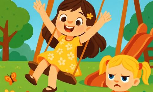 Hay 2 personajes principales: Ana, una niña de 5 años con cabello largo castaño y ojos brillantes, que lleva un vestido amarillo con flores y se balancea alegremente en un columpio con los brazos levantados hacia el cielo; y Marta, una niña de 5 años con cabello rubio en coletas y ojos azules, que está sentada en la hierba con las piernas cruzadas y una expresión de frustración en el rostro, con los brazos cruzados. La escena se desarrolla en un parque soleado, lleno de flores coloridas, grandes árboles verdes y un cielo azul brillante, con mariposas revoloteando alrededor de las flores y un tobogán rojo brillante junto a los columpios. Ana se divierte en el columpio mientras Marta expresa su descontento, mientras sus mamás las observan con cariño, creando un ambiente cálido y amistoso.