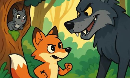 In het midden van de afbeelding staat een jonge, slimme vos genaamd Felix, met een heldere oranje vacht en vastberaden, sprankelende ogen. Hij staat op zijn achterpoten en kijkt moedig naar de grote, boze wolf. De wolf, imposant en dreigend, heeft een donkere grijze vacht, doordringende ogen en een sluwe glimlach, en staat recht voor Felix, klaar om hem uit te dagen. Achter Felix bevindt zich een oude, kromme boomschors, bedekt met mos, waar een wijze grijze eekhoorn de scène met een bezorgde maar bemoedigende blik observeert. Ze zit op een lage tak, haar kleine pootjes stevig vast, klaar om in te grijpen indien nodig. De omgeving is een dicht bos met majestueuze bomen en dikke stammen die naar de lucht reiken, terwijl hun groene bladeren het zonlicht filteren in zachte gouden stralen. De grond is bedekt met dode bladeren en weelderige varens, wat een mysterieuze en magische sfeer creëert. De centrale situatie toont Felix, de vos, die de wolf dapper uitdaagt, terwijl de wolf zich met een uitdagende blik voorbereidt om Felix' intelligentie op de proef te stellen. De lucht is gespannen en het avontuur staat op het punt te beginnen.