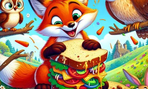 Ein schelmischer Fuchs namens Felix, mit leuchtend orangefarbenem Fell und schelmischen Augen, steht im Mittelpunkt des Bildes, lacht fröhlich und hält ein riesiges, buntes Sandwich, das auseinanderfällt. Neben ihm sitzt eine weise Eule namens Ella, mit braunen Federn und runden Brillen, die mit einem amüsierten Lächeln auf einem Ast sitzt. Ein kleiner Hase namens Harry, mit großen weißen Ohren, sammelt Karotten, die auf dem Boden verstreut sind, und lacht über die Situation. Die Szenerie ist ein hübsches, grünes Dorf mit bunten Blumen, majestätischen Bäumen und einem sonnigen blauen Himmel. Die Szene zeigt den Moment, in dem der Wind weht und das Sandwich fallen lässt, was ein fröhliches Durcheinander um sie herum schafft und die Luft mit Lachen und guter Laune füllt.