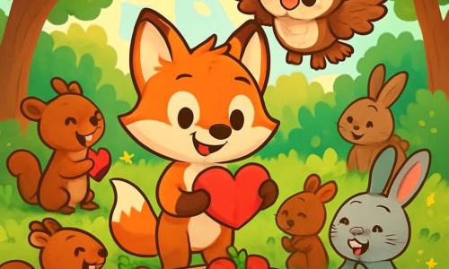 Ein kleiner roter Fuchs namens Felix mit glänzendem Fell und neugierigen Augen steht in der Mitte einer sonnigen Lichtung und lächelt fröhlich, während er ein buntes Papierherz hält. Neben ihm schwebt seine beste Freundin, eine kleine Eule namens Emma, mit weichen Federn und großen runden Augen, stolz und ermutigend lächelnd über ihm. Die Lichtung ist von grünen Bäumen mit leuchtenden Blättern umgeben, gespickt mit bunten Blumen und Sonnenstrahlen, die durch die Äste filtern und eine warme, festliche Atmosphäre schaffen. Am Boden ist ein großer Tisch mit köstlichen Speisen gedeckt: Früchte, Nüsse und herzförmige Kuchen, während andere Tiere des Waldes, wie Eichhörnchen und Kaninchen, fröhlich mit den Vorbereitungen für das Valentinstagsfest beschäftigt sind. Die Hauptsituation zeigt Felix und Emma, umgeben von ihren Freunden, die die Freude der Freundschaft bei einem großen Valentinstagsfest feiern, wo alle Lachen und Geschenke teilen und den Geist von Kameradschaft und Glück illustrieren.