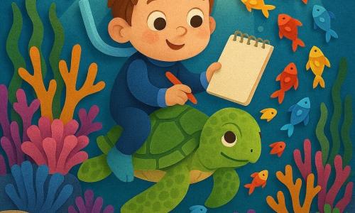 A 4-year-old boy with a round face and messy brown hair, wide amazed eyes and a slight smile wears a small blue wetsuit and floats near a rock holding a dry sketchbook above the water, while a green sea turtle with a textured shell and gentle eyes swims just below and to his right as if supporting him; several small yellow, red and blue fish spiral around him with pointed fins and bright spots, tiny crabs with red claws hide on the light beige sand among rounded stones in the foreground, and a vibrant coral forest of orange finger-like branches, magenta clusters, purple anemones and waving green seaweed—layered like cut paper—fills the scene as broad golden sunrays pierce the surface, casting flat shadows and sparkling reflections on the sand and sketchbook, showing the boy focused and brave, drawing from his rock in a lush, peaceful coral garden.