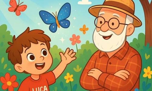 Un băiețel de 4 ani, pe nume Luca, cu părul castaniu și ochii mari strălucind de curiozitate, stă în mijlocul unei grădini pline de flori strălucitoare. Zâmbește cu uimire, obrașii îi sunt roșii de emoție, în timp ce observă o flutură magică cu aripi strălucitoare, ca niște bucăți de cer înstelat. Aproape de el, bunicul său, un bărbat în vârstă cu barbă albă și ochelari rotunzi, zâmbește, admirând momentul. Poartă o cămașă cu carouri și o pălărie de paie, părea fericit să împărtășească acest secret cu nepotul său. Scena are loc într-o grădină magnifică, plină de flori colorate, cu fluturi zburând în jur și un cer albastru cu nori pufoși. Razele soarelui filtrează printre frunzele copacilor, creând umbre dansante pe pământ. Luca, uimit, întinde mâna spre flutura magic, în timp ce bunicul îl observă cu blândețe. Este un moment de descoperire și magie, unde secretul fluturelui devine o frumoasă aventură împărtășită între un băiețel și bunicul său.