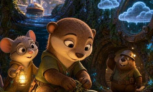 Kiri, een jonge antropomorfe otter, kalm en glimlachend met zachte bruine vacht en ronde oren, hurkt geconcentreerd en knoopt een zeewierkoord rond een vaaggroene kabel; Miso, een kleine brildragende muis, nieuwsgierig en vrolijk met lichtgrijze vacht, houdt een geel lampje dat het tafereel verlicht en staat net achter Kiri; de bever, robuust en vriendelijk met donkere vacht en een los liggende helm, staat bij de tunnelopening op de achtergrond, glimlachend en zwaaiend als dank; locatie: smalle geheime ondergrondse gang onder de stad met met mos bedekte stenen muren, hangende liaan, glinsterende waterdruppels en een grote ronde metalen plaat die zwevende lichtwolken projecteert; situatie: rustige, samenwerkende reparatie — de otter bevestigt de kabel terwijl de muis schijnt en de bever toekijkt, zachte warme verlichting, veilige sfeer, pastelkleuren en waterreflecties, pluizige texturen en vage futuristische stedelijke details boven (kanalen, zwevende vaartuigen zichtbaar).