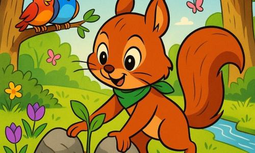 Un piccolo scoiattolo rosso (protagonista) dagli occhi tondi e baffi sottili, sorriso concentrato, con una sciarpetta verde che solleva due pietre per liberare una giovane piantina fragile dal fogliame verde chiaro, al centro della radura davanti a lui; tre uccellini colorati (rosso, blu, giallo) su un ramo a sinistra osservano e cantano; sullo sfondo una radura primaverile soleggiata con erba verde, fiori lilla e gialli, farfalline rosa e azzurre, un ruscello a destra e alberi a tronco texturato; scena calda e ottimista, luce dorata mattutina, colori vivaci, stile cartoon anni ’90, composizione centrata, primo piano medio.