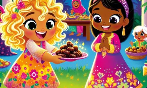 Una niña de 4 años, Luna, con rizos dorados, sonríe maravillada mientras sostiene un dátil en su mano. Lleva un vestido colorido con patrones florales y sandalias rosas. A su lado, Amina, una niña de 5 años con cabello negro liso y un vestido tradicional de colores vivos, ríe alegremente mostrando un plato de dátiles a Luna. La escena tiene lugar en el jardín de una casa decorada con linternas de colores y guirnaldas luminosas, donde familias se reúnen alrededor de mesas llenas de deliciosos platillos. Luna y Amina comparten dátiles con otros niños, creando una atmósfera de alegría y magia, donde estrellas doradas parecen brillar a su alrededor, simbolizando la felicidad de compartir.