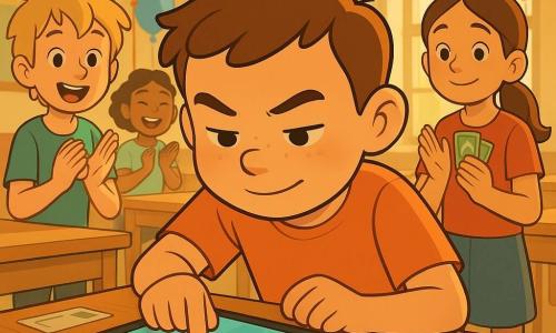 Een klaslokaal omgebouwd tot kermis/gymzaal: tafels als kraampjes, kleurige slingers, ballonnen en handgeschilderde posters met "Sponsorloop" en pingpongtekeningen, warm licht door grote ramen. Centraal: een 12-jarige jongen met rond gezicht, kort bruin haar en lichte sproeten, geconcentreerd en trots, houdt een verlichte tablet met een kleurrijke getallenlijn terwijl hij voorovergebogen met zijn wijsvinger over het scherm strijkt; links achter hem staat Sam, een blosende 11-jarige jongen met warrig blond haar die applaudisseert en plastic munten vasthoudt; rechts iets naar voren staat Lotte, een 10-jarig meisje met lang haar in een paardenstaart, die valse bankbiljetten vasthoudt en zacht applaudisseert; op de achtergrond Yara, 9 jaar, donkerdere huid en korte krullende haren, lacht en klapt. Op tafel stapels valse biljetten en munten, stempels en deelnamekaarten. Helder, rond cel-shading-stijl met scherpe schaduwen en een levendig kleurenpalet (geel, luchtblauw, muntgroen, koraalrood).