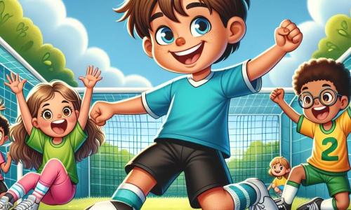 Um jovem, Lúcio, com cerca de 12 anos, está no centro da imagem, com cabelo castanho bagunçado e um grande sorriso de alegria e determinação. Ele veste uma camisa de futebol azul, um short preto e tênis brancos, segurando uma bola de futebol debaixo do braço, pronto para driblar. À sua direita, Clara, uma menina de 11 anos com cabelos longos e cacheados, usa uma camiseta amarela e shorts rosas, com os olhos brilhando de excitação enquanto o incentiva levantando os braços. À sua esquerda, João, um garoto de 12 anos com óculos e cabelo curto, pula de alegria, vestido com uma camisa verde, demonstrando seu entusiasmo pelo jogo. A cena acontece em um pequeno campo de futebol de terra batida, cercado por vegetação, com árvores ao fundo e um céu azul com nuvens brancas. Crianças estão sentadas nos lados, aplaudindo e incentivando Lúcio. Ele se prepara para chutar ao gol, concentrado e cheio de energia, enquanto a bola parece flutuar diante dele, capturando o momento mágico de um sonho se realizando.