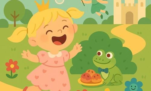 A joyful princess girl with blond pigtails, a light pink dress with small hearts and a tiny shining gold crown stands on tiptoe laughing at bubbles; a tiny girl fairy with green hair, a leaf hat and a mint dress floats at her shoulder waving a wand that makes a pink puff cloud; the pink cloud blows round translucent bubbles that fall toward the princess; a male toad with a blue bow tie sits by a bush pushing a small gold plate of berry buns; colorful flowers with bright petals wear little boots and dance in a circle with smiling faces; the castle garden is bright with tender green grass, a yellow paved path, rounded trees and a small pastel palace in the distance — a playful scene of bubbles, laughter, dancing flowers and a shared snack, with flat colors and rounded shapes.