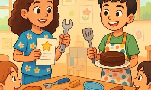 Há 2 personagens principais: - Lara: uma menina de 11 anos com cabelos castanhos e cacheados, vestindo uma camiseta azul com estampas de flores e uma calça jeans. Ela está em pé à esquerda, segurando uma chave inglesa em uma mão e um cartão com frases inspiradoras na outra. - Tiago: um menino de 11 anos com cabelos curtos e pretos, vestindo um avental de cozinha colorido e uma camiseta verde. Ele está à direita, sorrindo, segurando uma espátula e um prato de bolo de chocolate. O cenário principal é uma sala de aula iluminada, com paredes decoradas com desenhos de crianças, uma grande mesa de madeira no centro, coberta de utensílios de cozinha e materiais de artesanato. Janelas deixam a luz do sol entrar, iluminando os rostos alegres das crianças. A situação principal da história mostra Lara e Tiago compartilhando suas habilidades: Lara explica como usar ferramentas para consertar uma cadeira, enquanto Tiago mostra como preparar um bolo. As outras crianças os cercam, fascinadas, com expressões de admiração e entusiasmo, ilustrando a ideia de que todos podem aprender, independentemente de seu gênero.