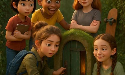 Five girls, about 11: Nina, light brown hair in a messy bun, khaki jacket and blue backpack, crouched by a small dark-green wooden door with her hand on the handle and a focused look; Safiya, tan skin and tied curly hair, in a bright yellow T‑shirt, standing behind Nina with a supportive hand on her shoulder and an excited smile; Jun, Asian with short black hair and a pencil behind her ear, holding a notebook and watching the door with analytical curiosity; Lila, a redhead in casual clothes with small wheels beside her, standing to Nina’s right with arms crossed and a reassuring expression; Tessa, braided hair in a pale green T‑shirt, seated or crouched near the door holding a small map with a relieved, proud look. They stand on a narrow, hedge-lined earthen path with soft late-morning light; the chipped, rusty-hinged door set into a grassy bank creaks open onto a dark wooden passage with a distant glow, the scene conveying quiet, cautious excitement and peaceful adventure with warm colors and textured detail.