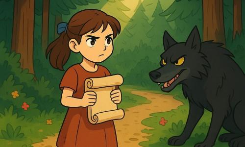 A 10-year-old girl, Maren, stands on a narrow forest path, her eyes shining with determination and her brown hair tied with a blue ribbon. She wears a simple dress and sandals, holding a rolled-up message in her hands, her face focused and brave. Nearby, a big bad wolf, with black fur and piercing eyes, stands at the edge of the path, looking sly and intrigued, observing Maren with a threatening yet curious expression. The setting is a dense forest, with majestic pines standing like guardians, their green needles creating a natural canopy above. The ground is covered with golden leaves and small colorful flowers, while a ray of sunlight breaks through the branches, illuminating the scene with a soft and warm light. The main situation shows Maren facing the wolf, determined not to give in to his temptations. She stands tall, ready to defend her message, while the wolf, with a smirk, seems to be trying to convince her to reveal her secret.