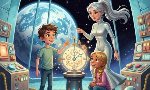 A 10-year-old boy with bright hazel eyes and messy brown hair stands on a shiny metal floor reaching toward a strange, backward-turning mechanical clock on a pedestal—the 