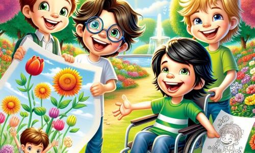 Quatro meninos de 7 anos, Lucas, Miguel, Tiago e Pedro, estão reunidos em um parque florido. Lucas, com cabelos castanhos e óculos, sorri segurando um grande desenho de flores. Miguel, com cabelos loiros e olhos brilhantes, mostra entusiasmado um desenho de sol. Tiago, com cabelos negros bagunçados e uma camiseta verde, se inclina para frente, rindo de uma piada. Pedro, sentado em sua cadeira de rodas, tem cabelos castanhos e um grande sorriso, segurando um desenho de um coelhinho travesso.

O parque está cheio de flores coloridas, com tulipas vermelhas, margaridas brancas e girassóis dourados que dançam ao vento. Árvores majestosas cercam o parque, e um céu azul claro com algumas nuvens brancas acrescenta um toque de magia à cena.

Os quatro amigos estão celebrando a primavera, mostrando orgulhosamente seus desenhos coloridos, cercados de risadas e alegria, prontos para participar de uma caça ao tesouro.