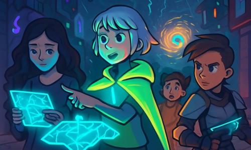 There are 4 characters: - Lyra: a 14-year-old girl with short silver hair, wearing a neon cape that glows in the dim light. She stands in the center, pointing at a holographic holomap floating in front of her. - Ashira: a 13-year-old girl with dark, sad eyes and long wavy hair. She is to the left, holding an ethereal tablet emitting a bluish glow, her fingers dancing above the runes. - Via: a 15-year-old girl with one side of her head shaved and a scar on her cheek, wearing light armor and holding a glowing arc pistol. She stands to the right, ready to act, her determined gaze fixed on the horizon. - Tamsin: a 12-year-old girl with pigtails and a curious face, slightly behind, observing the shadows moving around them, her eyes wide with wonder. The setting is a deserted street in the city of Sabledeep, where floating buildings rise under a stormy sky. Lightning illuminates cracks in the ground, and debris floats in the air, creating a magical yet unsettling atmosphere. Colorful holograms dance around the walls, casting moving shadows on the pavement. The main situation shows the four girls preparing to face a mysterious storm, with rain suspended in the air around them, while a luminous vortex forms in the distance, signaling the arrival of a supernatural event.