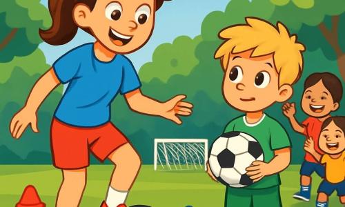 Coach Mia, a dynamic woman with brown hair in a ponytail, wears a red cap and a blue t-shirt. She is joyfully smiling, her eyes sparkling with enthusiasm, while showing the children how to dribble a soccer ball on the field. Max, a small boy about 7 years old with messy blonde hair and a green soccer outfit, looks at Mia with admiration. He holds a soccer ball in his hands, a shy smile on his face, ready to try. The location is a large green soccer field surrounded by trees with shiny leaves and a bright blue sky. Colorful cones are placed on the ground, and a white goal stands at the end of the field. The main scene shows Coach Mia demonstrating a dribbling move, while Max, a bit hesitant but curious, prepares to mimic her gesture, surrounded by other children who cheer him on with laughter and joyful shouts.